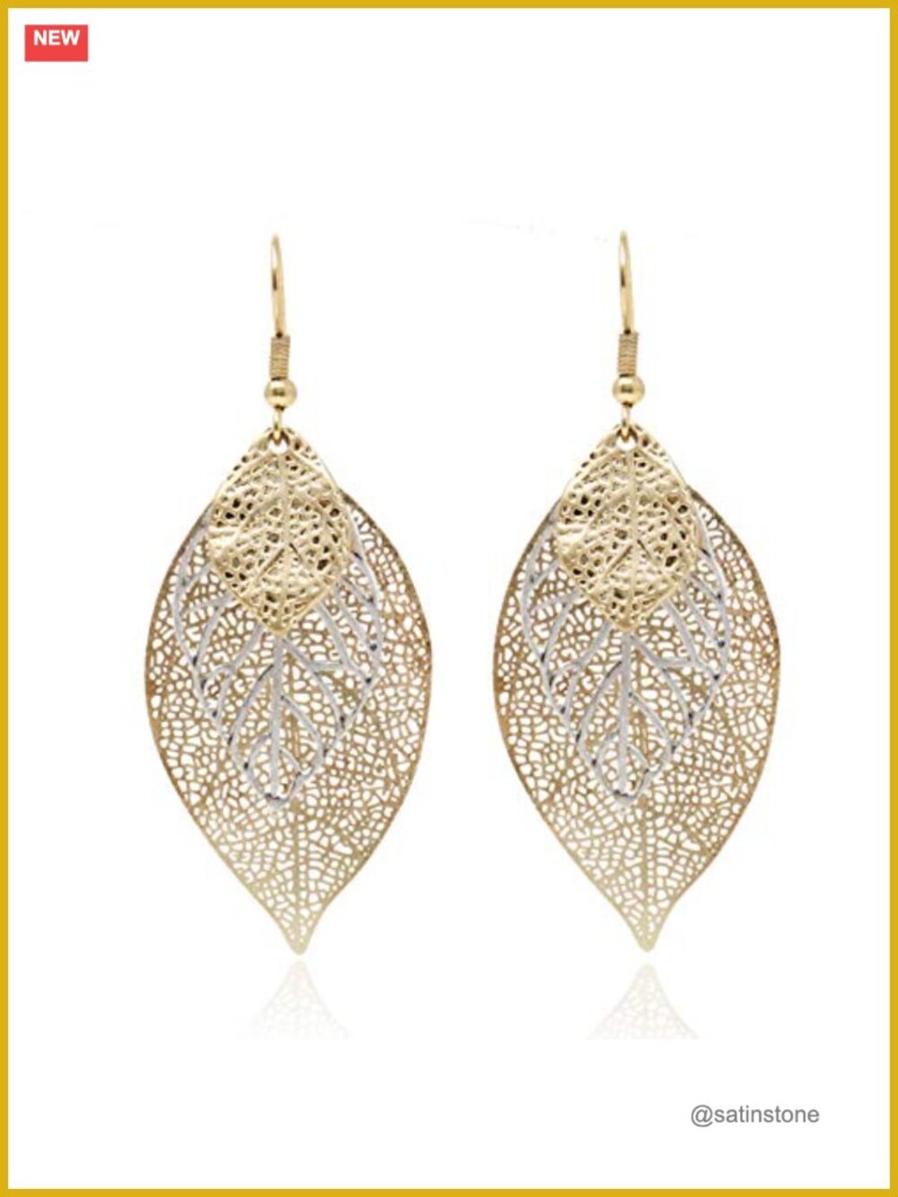 Two Tone Filigree Leaf Dangle Drop Earrings Gold Plated Boho Style
